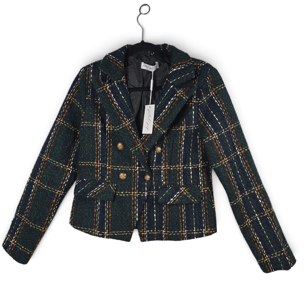 Petal + Pup Blazer Women Med Plaid Tweed Double Breasted Green Gold Button NEW